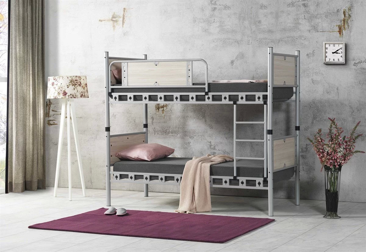 Elegan Genç Çocuk Odası Ahşap Başlıklı 90x190 Ve 90x200 Yatak Ölçülü Metal Ranza Ve Karyola
