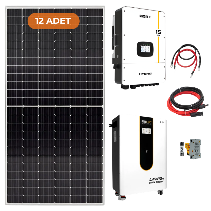 Mexxsun 15 kW Hibrit Trifaze İnverterli 15,3 kWh Lityum Depolamalı Hazır Solar Enerji Paketi