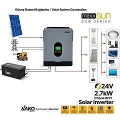Sako E-sun 24 Volt 2.7 Kw Tam Sinüs Mppt Akıllı İnverter 450 Vdc
